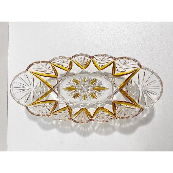 Early 20th Century Yellow Cut to Clear Czech Bohemian Crystal Dish 13" x 6" x 3"